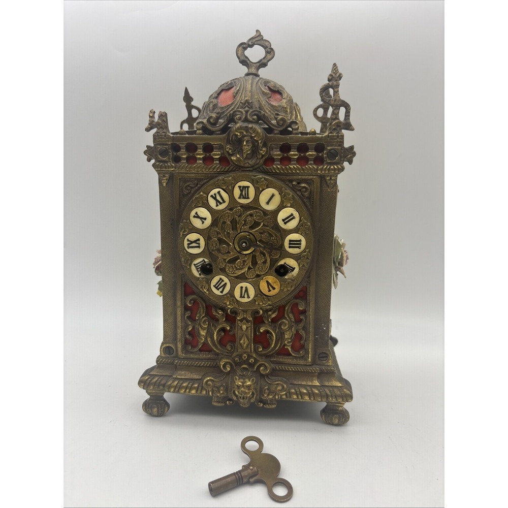 Antique Franz Hermle Ornate Brass Mantel Clock Mechanical 130-070 Roman Numerals
